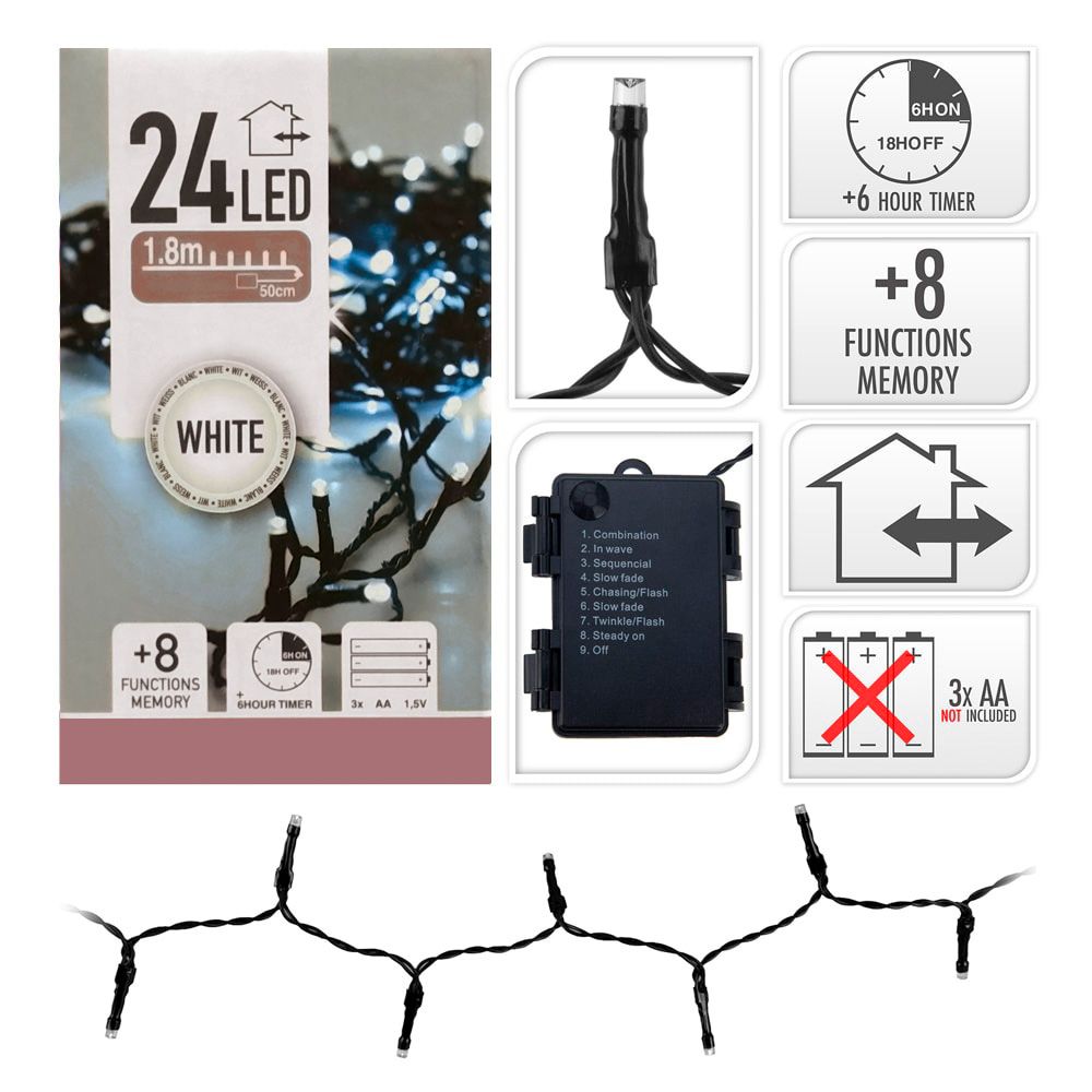 Guirnalda a pilas, multifunción, uso exterior, blanco frío, cable negro, 24 leds, 2,30 m