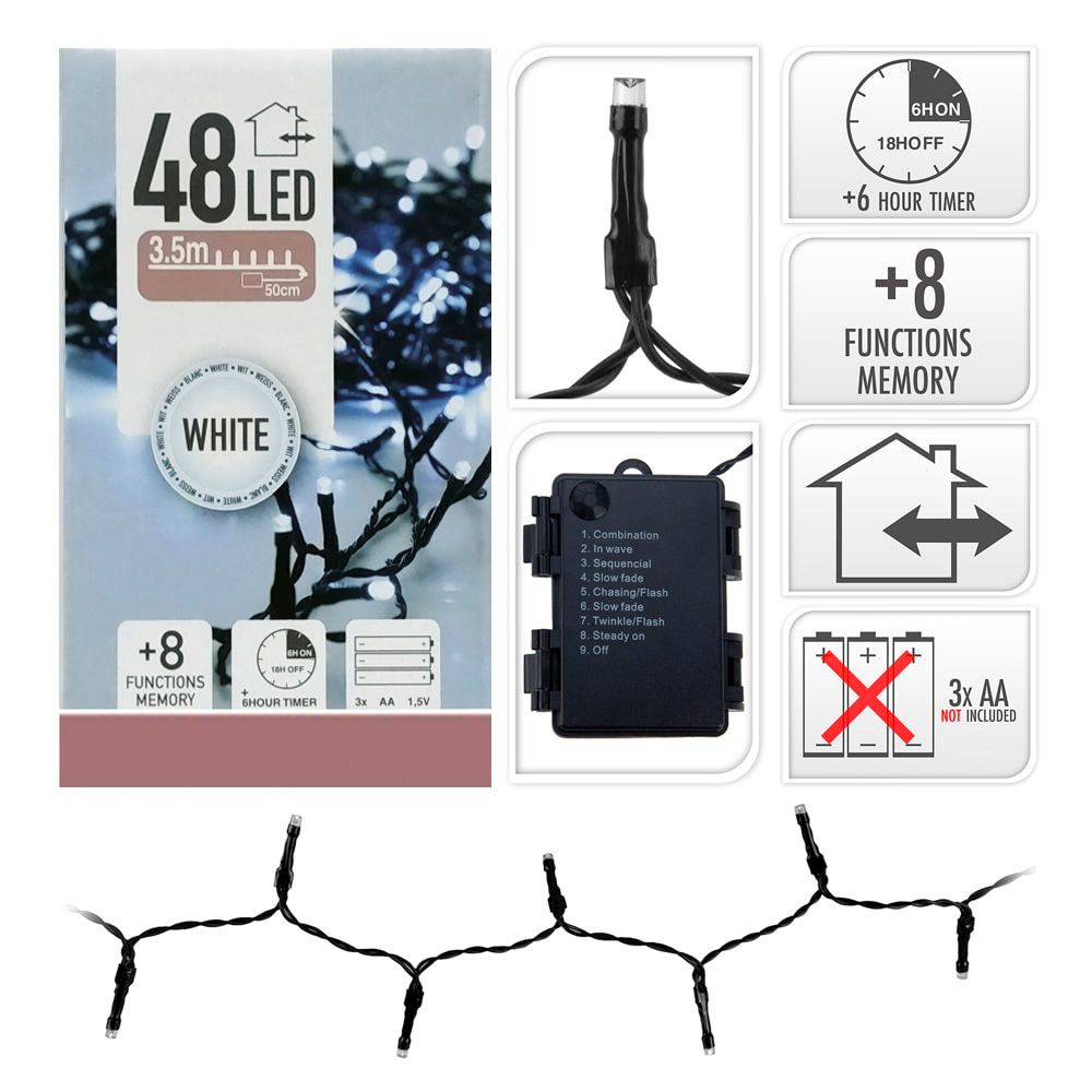 Guirnalda a pilas, multifunción, uso exterior, blanco frío, cable negro, 48 leds, 4 m