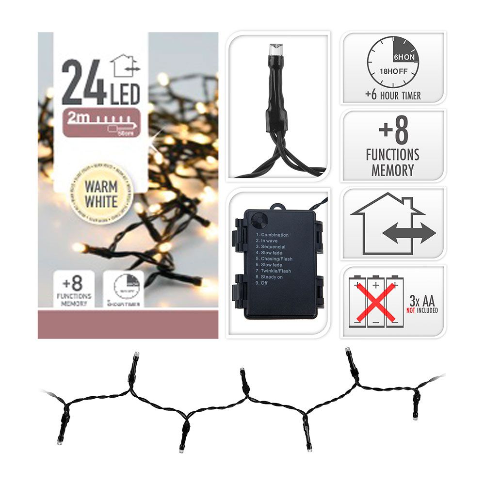 Guirnalda a pilas, multifunción, uso exterior, blanco cálido, cable negro, 24 leds, 2,30 m