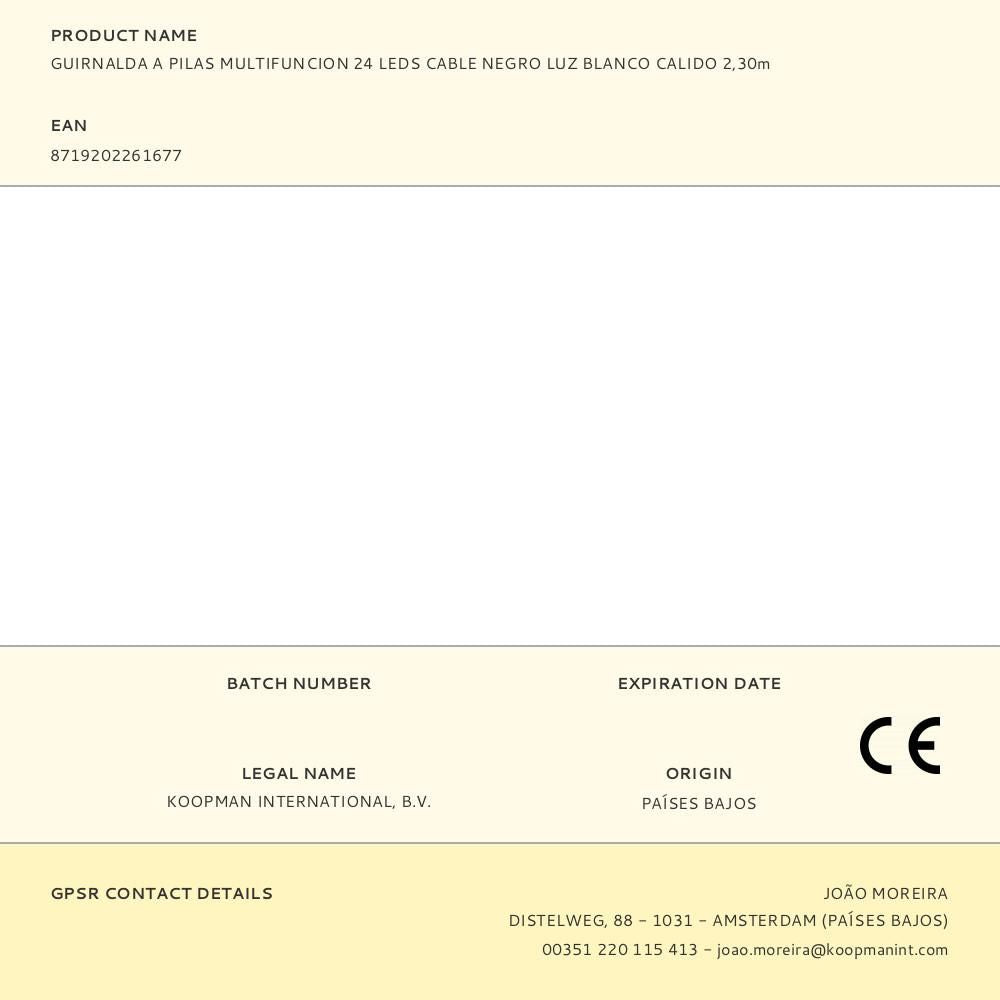 Guirnalda a pilas, multifunción, uso exterior, blanco cálido, cable negro, 24 leds, 2,30 m