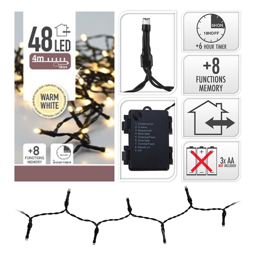 Guirnalda a pilas, multifunción, uso exterior, blanco cálido, cable negro, 48 leds, 4 m