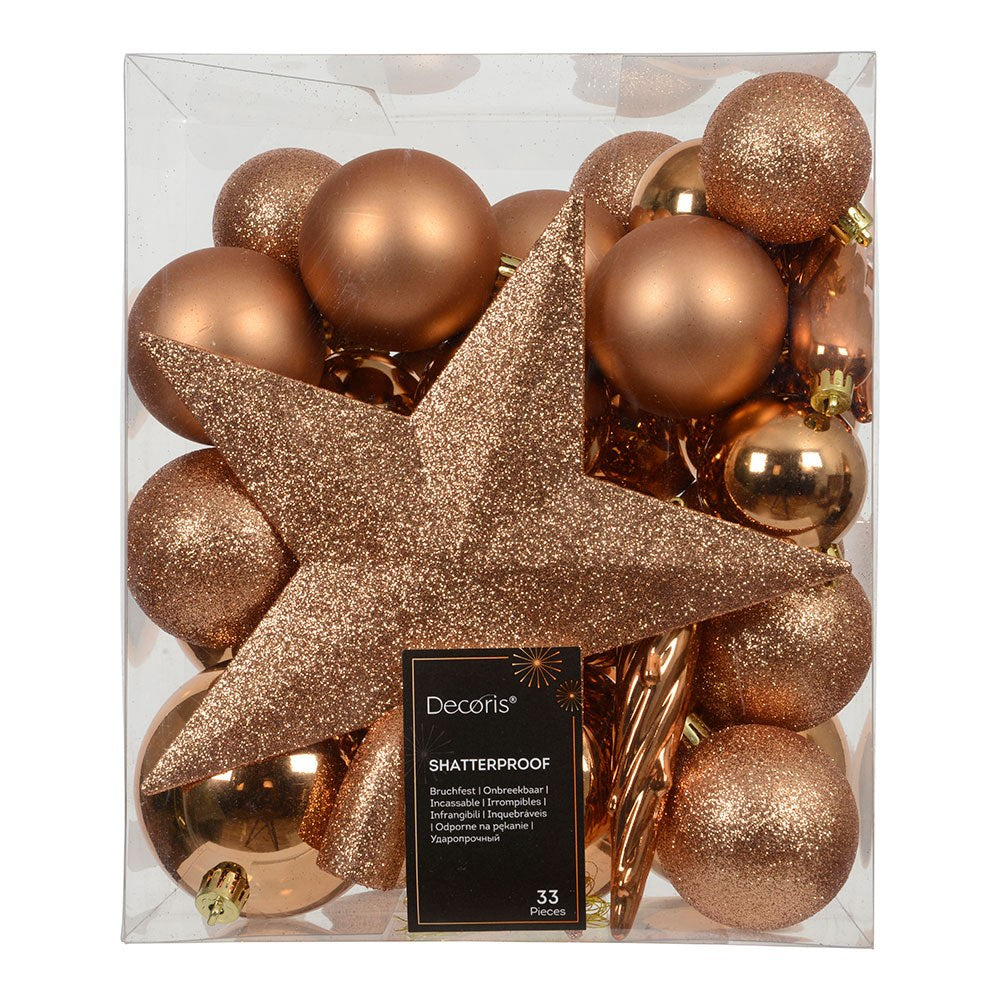 Adornos decoración árbol navidad, bronce, caja 33 piezas