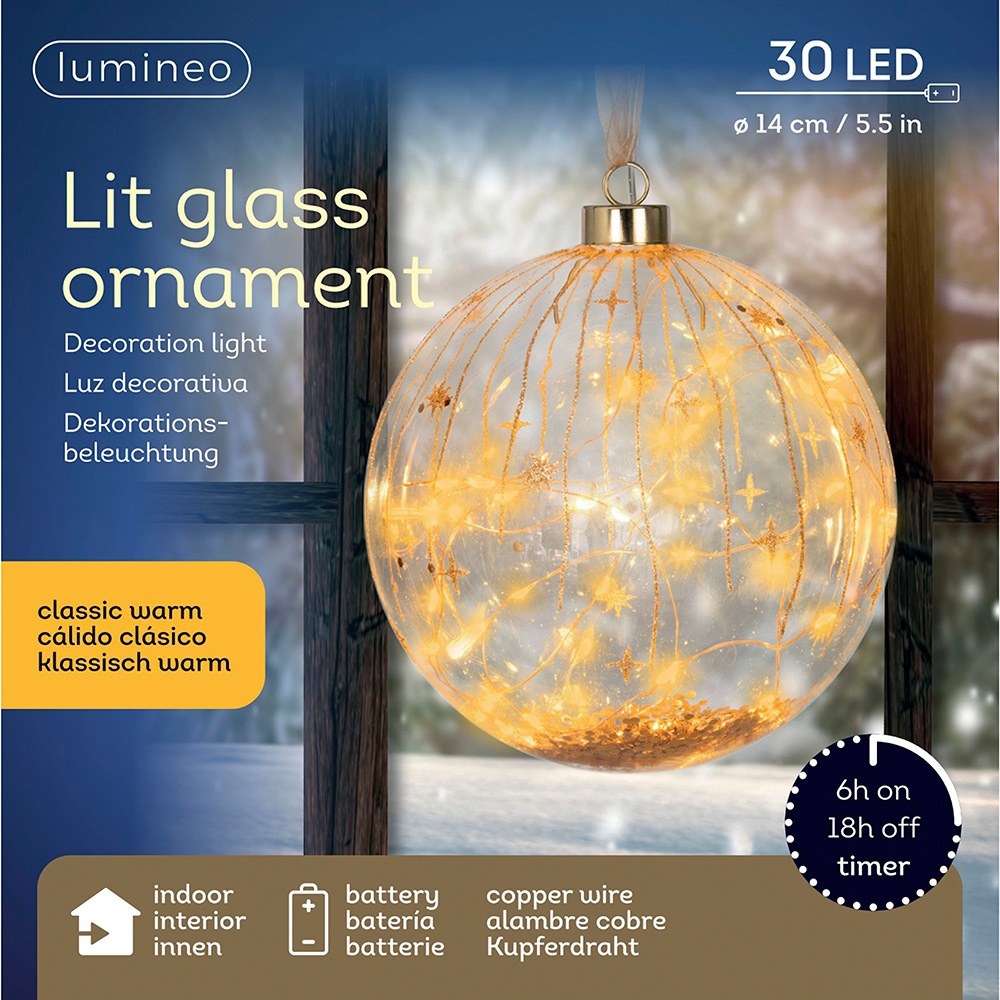 Bola micro led luz cálida, uso interior, a pilas, ø14 cm, transparente con alambre cobre