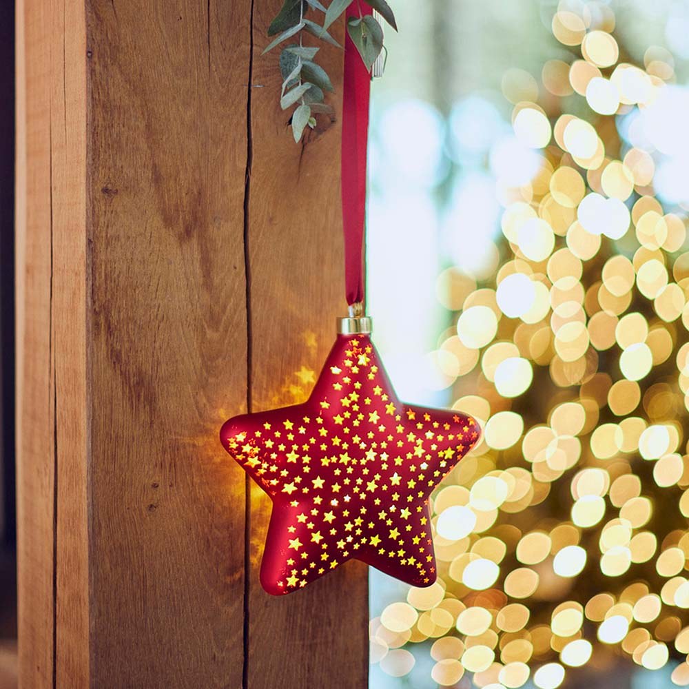 Estrella micro led luz cálida, uso interior, a pilas, 20 cm, roja con alambre plateado
