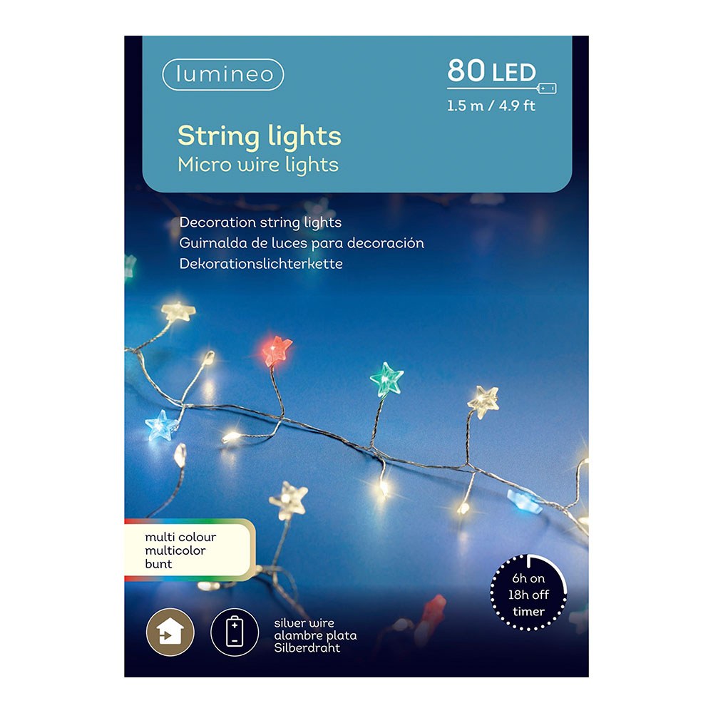 Guirnalda micro led, uso interior, multicolor, 80 leds, con estrellas y alambre plateado, 1,5 m