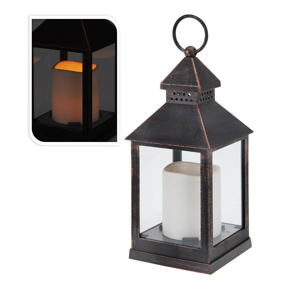 Farol con vela de led, función fija, interior, bronce, 10,5 x 10,5 x 23 cm