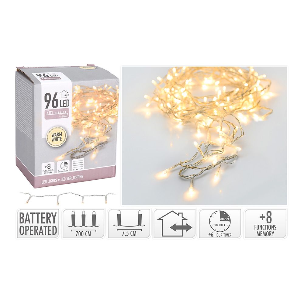 Guirnalda a pilas, multifunción, uso exterior, blanco cálido, cable transparente, 96 leds, 7,50 m