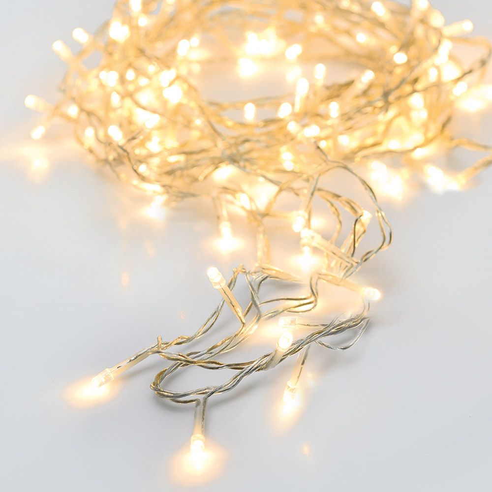 Guirnalda a pilas, multifunción, uso exterior, blanco cálido, cable transparente, 48 leds, 4 m