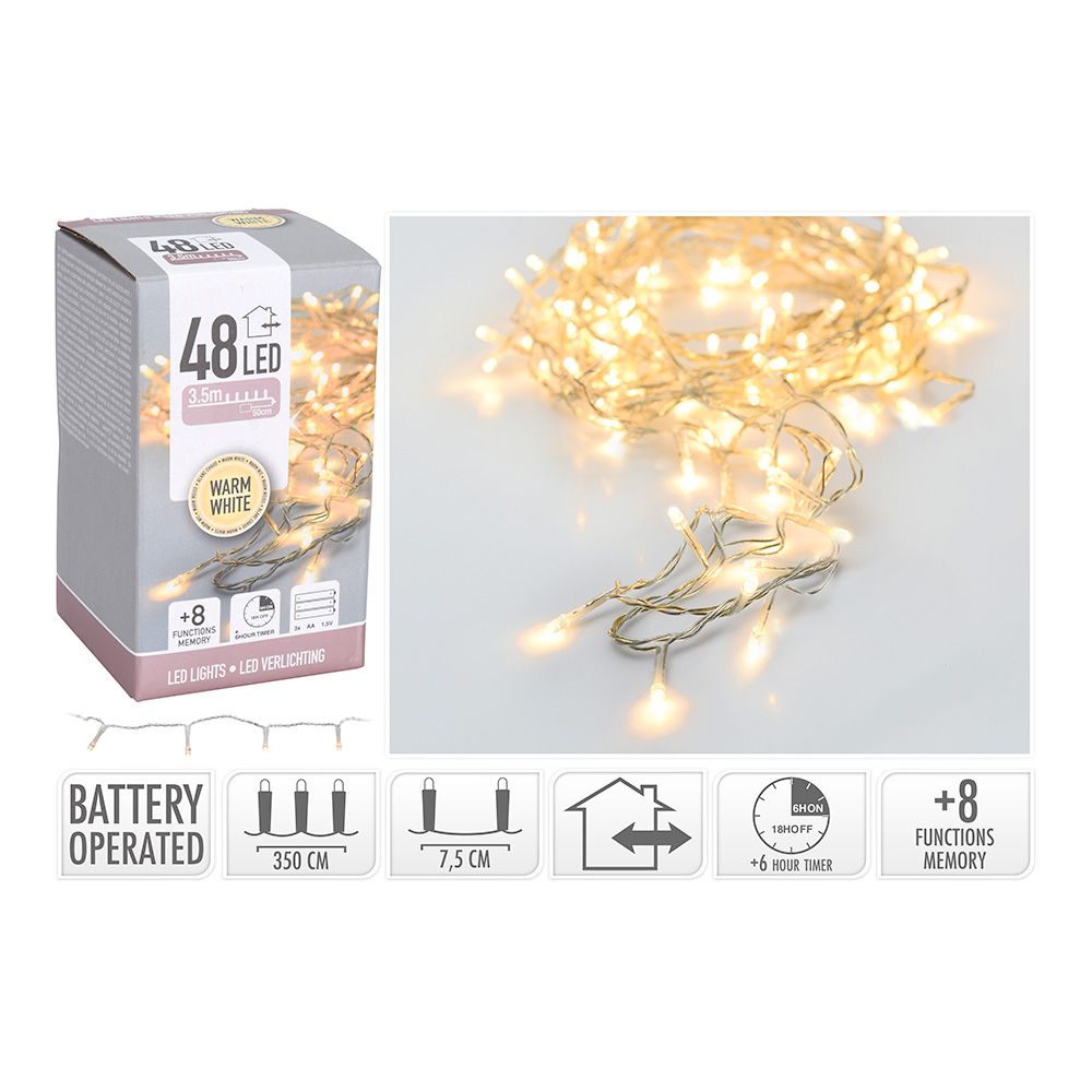 Guirnalda a pilas, multifunción, uso exterior, blanco cálido, cable transparente, 48 leds, 4 m