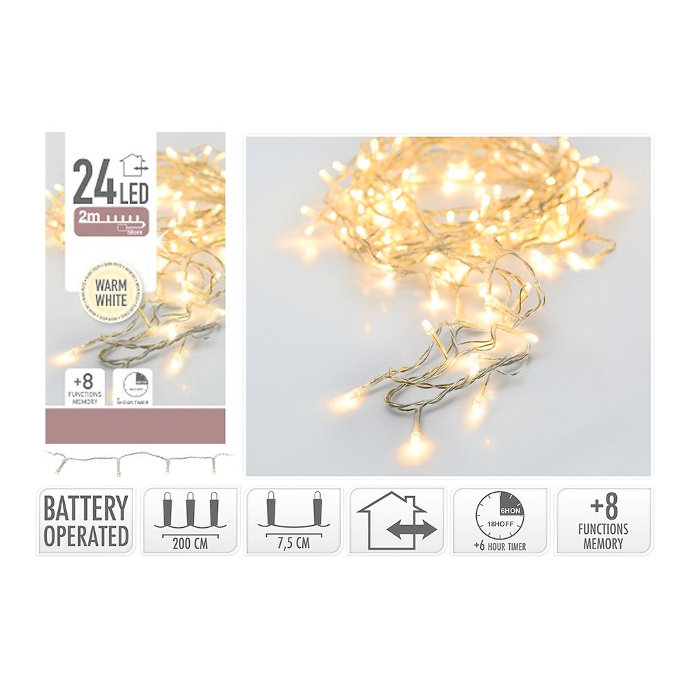 Guirnalda a pilas, multifunción, uso exterior, blanco cálido, cable transparente, 24 leds, 2,30 m