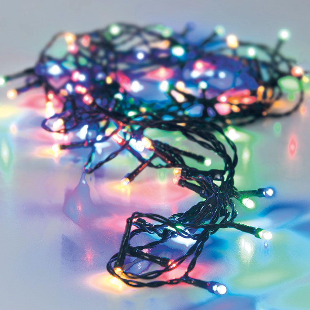 Guirnalda a pilas, multifunción, uso exterior, multicolor, cable negro, 96 leds, 7,50 m