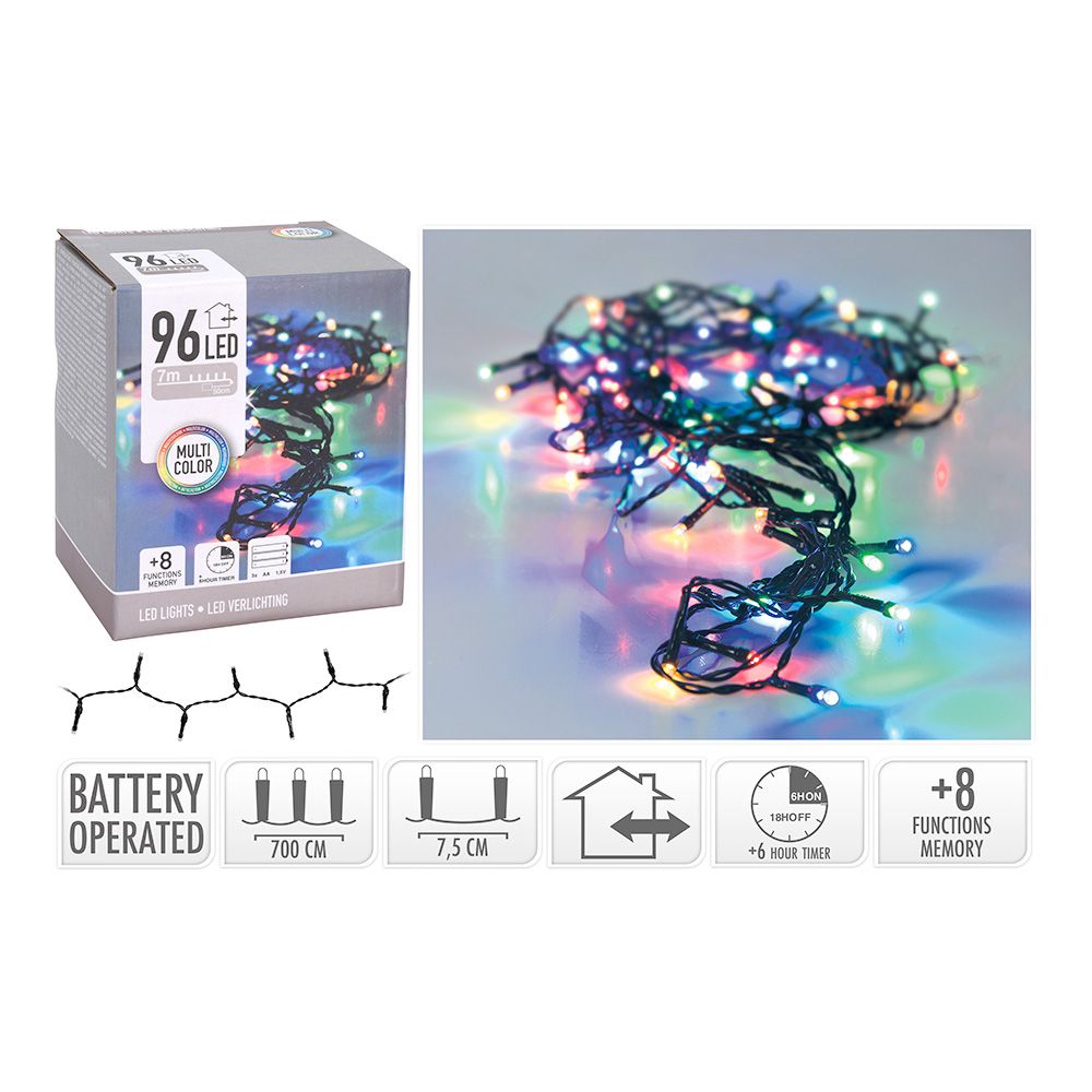 Guirnalda a pilas, multifunción, uso exterior, multicolor, cable negro, 96 leds, 7,50 m