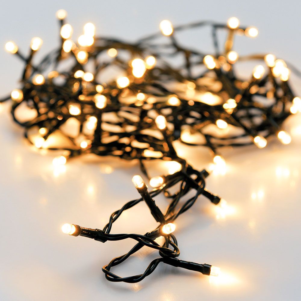 Guirnalda a pilas, multifunción, uso exterior, blanco cálido, cable negro, 96 leds, 7,50 m