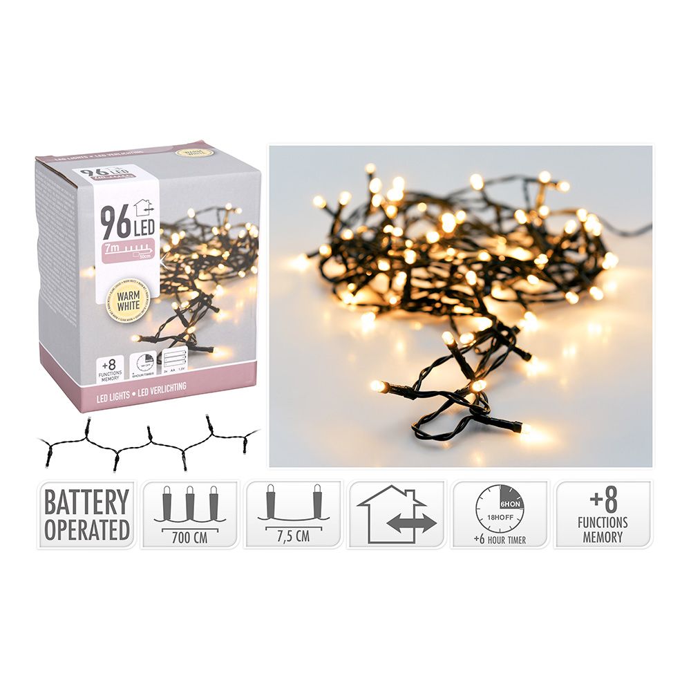 Guirnalda a pilas, multifunción, uso exterior, blanco cálido, cable negro, 96 leds, 7,50 m