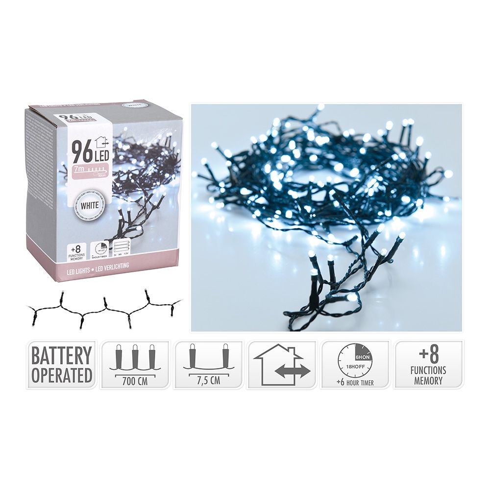 Guirnalda a pilas, multifunción, uso exterior, blanco frío, cable negro, 96 leds, 7,50 m