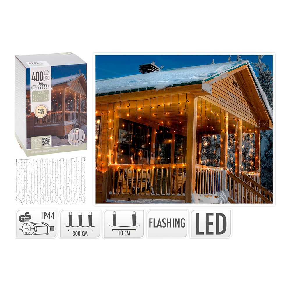 Cortina multifunción, exterior, flash, blanco cálido, 400 leds, 3 x 1 m
