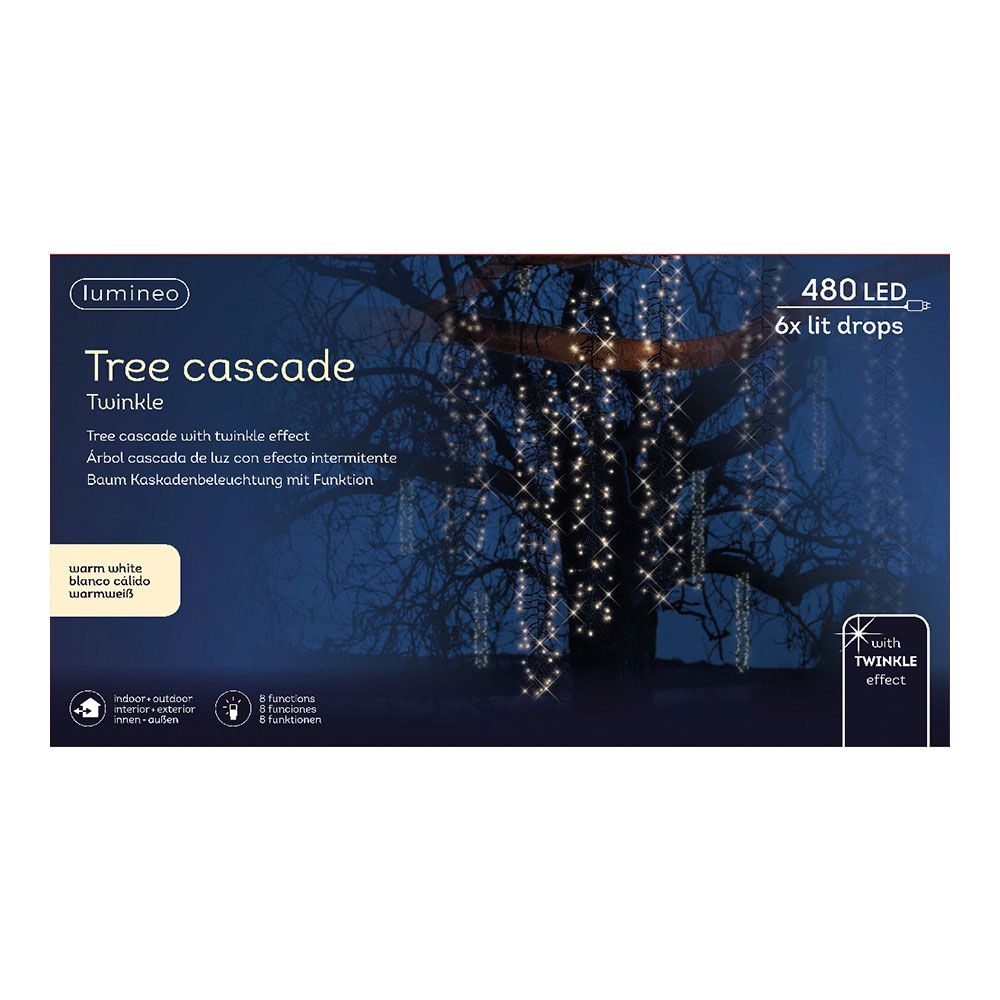 Cortina multifunción, exterior, especial para arboles, forma cascada, luz cálida, 480 leds, 2 m