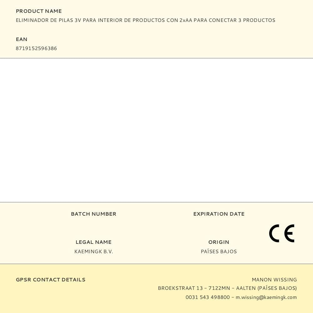 Eliminador de pilas 3v para interior de productos con 2xaa para conectar 3 productos