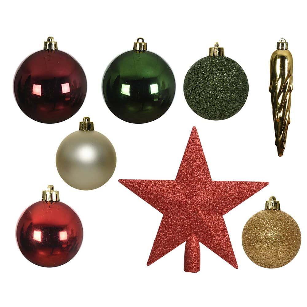 Adornos decoración árbol navidad, verde, dorado y rojo, caja 33 piezas