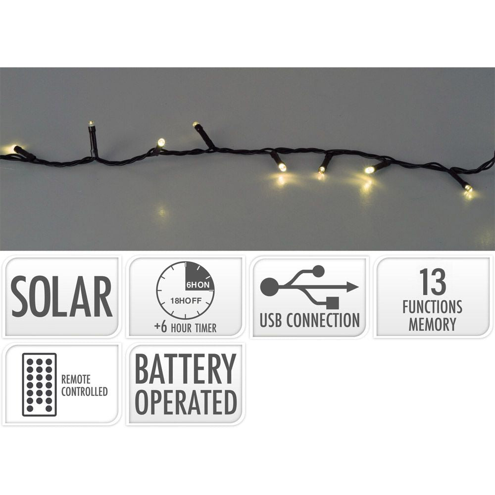 Guirnalda solar recargable, 480 leds, multifunción, luz cálida, exterior - 21,6 m