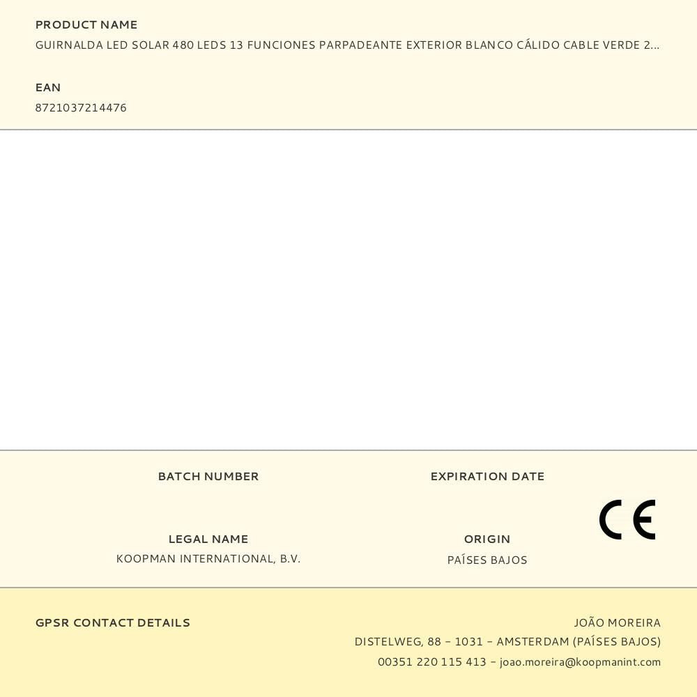 Guirnalda solar recargable, 480 leds, multifunción, luz cálida, exterior - 21,6 m