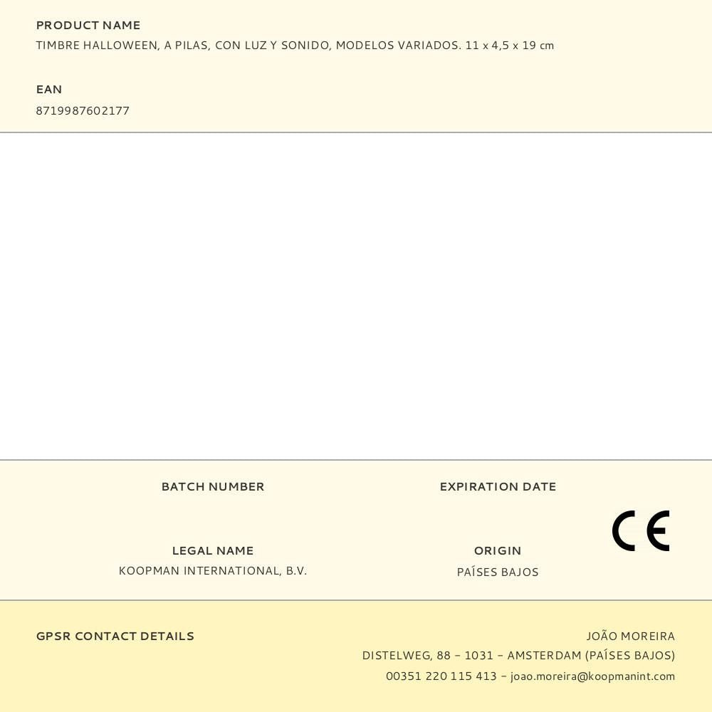 Timbre halloween a pilas con luz y sonido, modelos variados, 11 x 4,5 x 19 cm