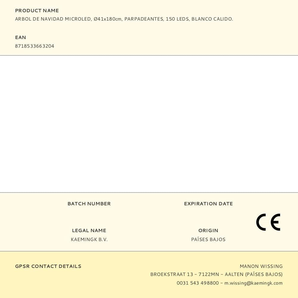 Arbol de navidad microled, ø41x180cm, parpadeantes, 150 leds, blanco calido.