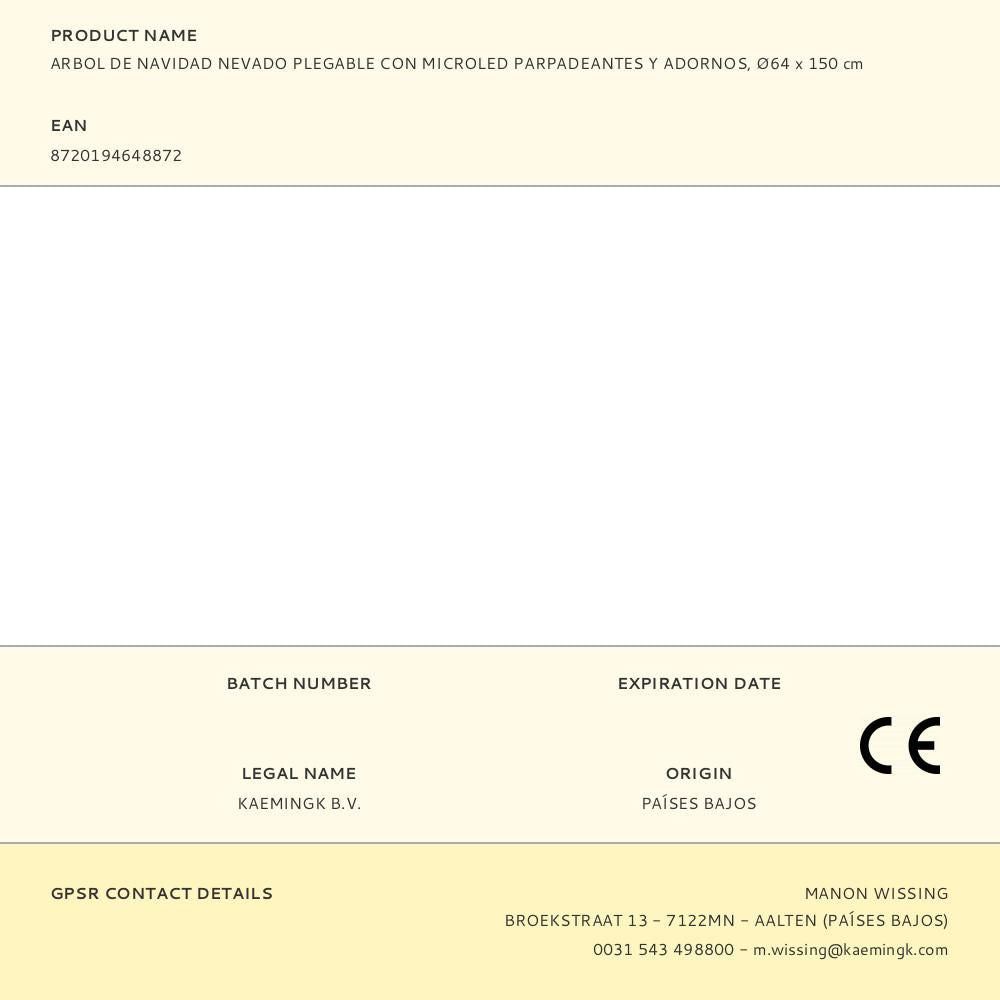 Arbol de navidad nevado plegable con microled parpadeantes y adornos, ø64 x 150 cm