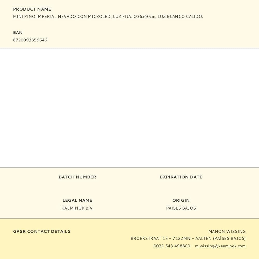 Mini pino imperial nevado con microled, luz fija, ø36x60cm, luz blanco calido.