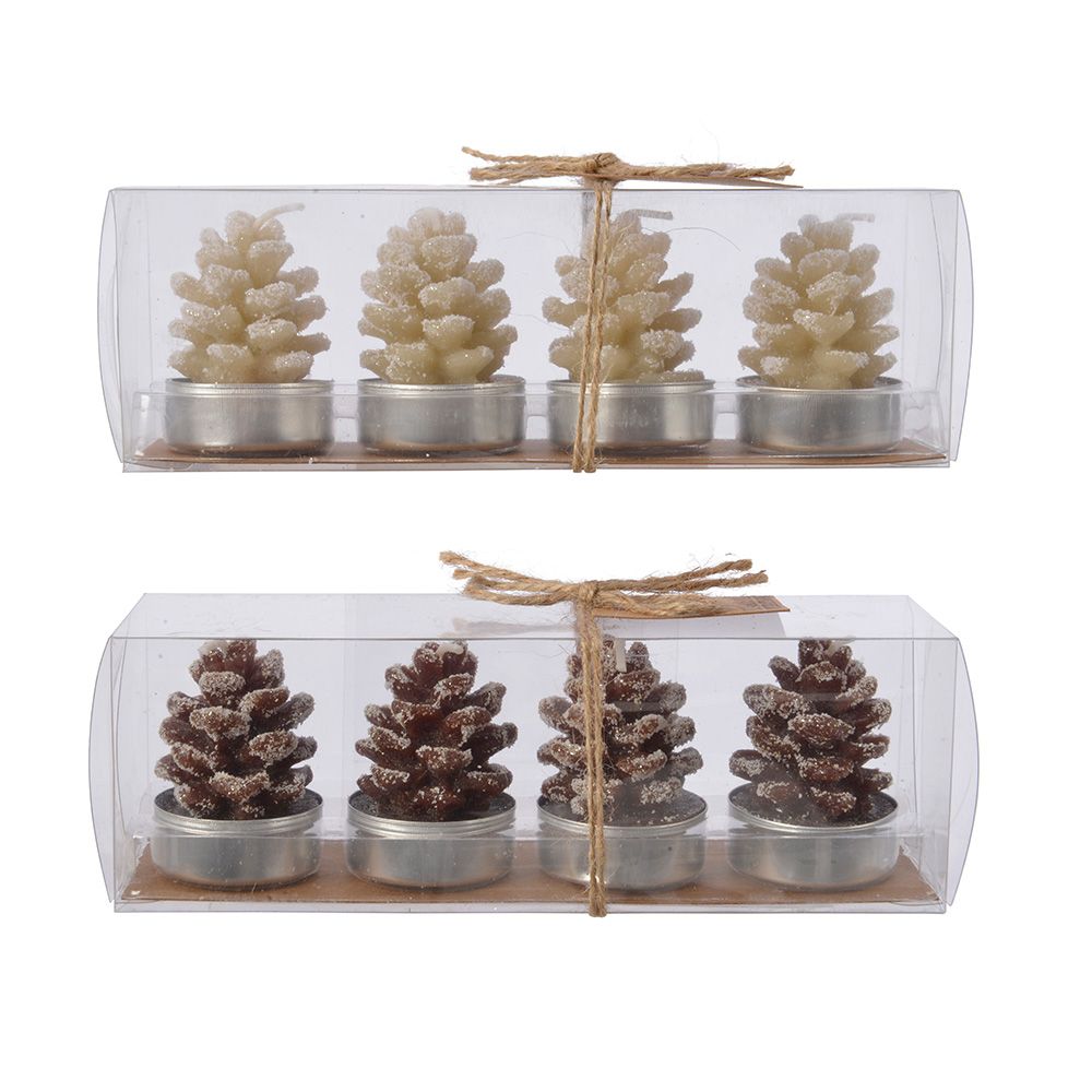 Vela de cera en forma de piña, efecto nevado, modelos variados ø3,5 x 5,5 cm, caja de 4 uds