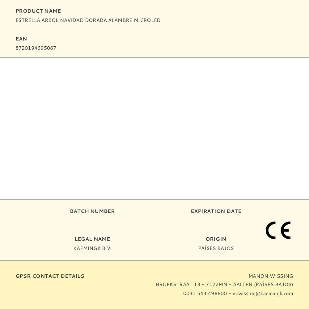 Adorno estrella para árbol navidad, dorada, 20 led, 23 x 6 x 25,5 cm