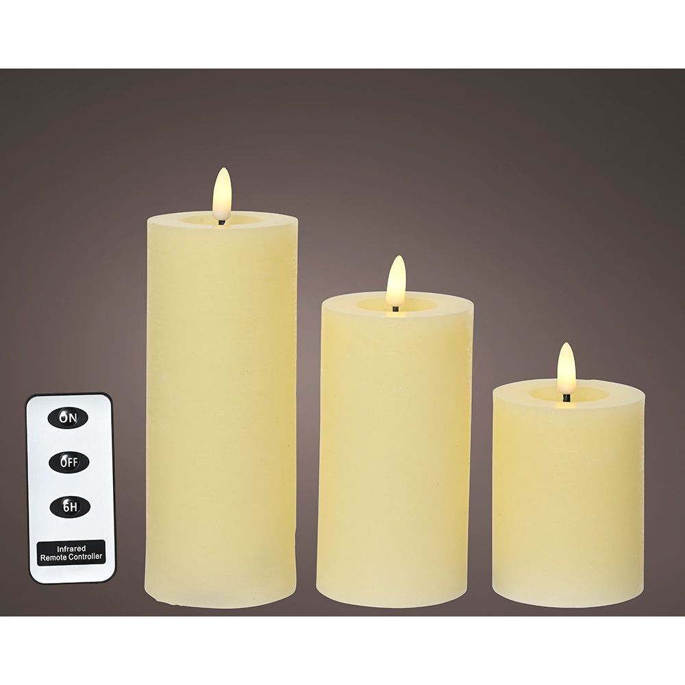 Vela de cera led color beige, acabado rústico, ø7 cm con diferentes alturas, 3 uds