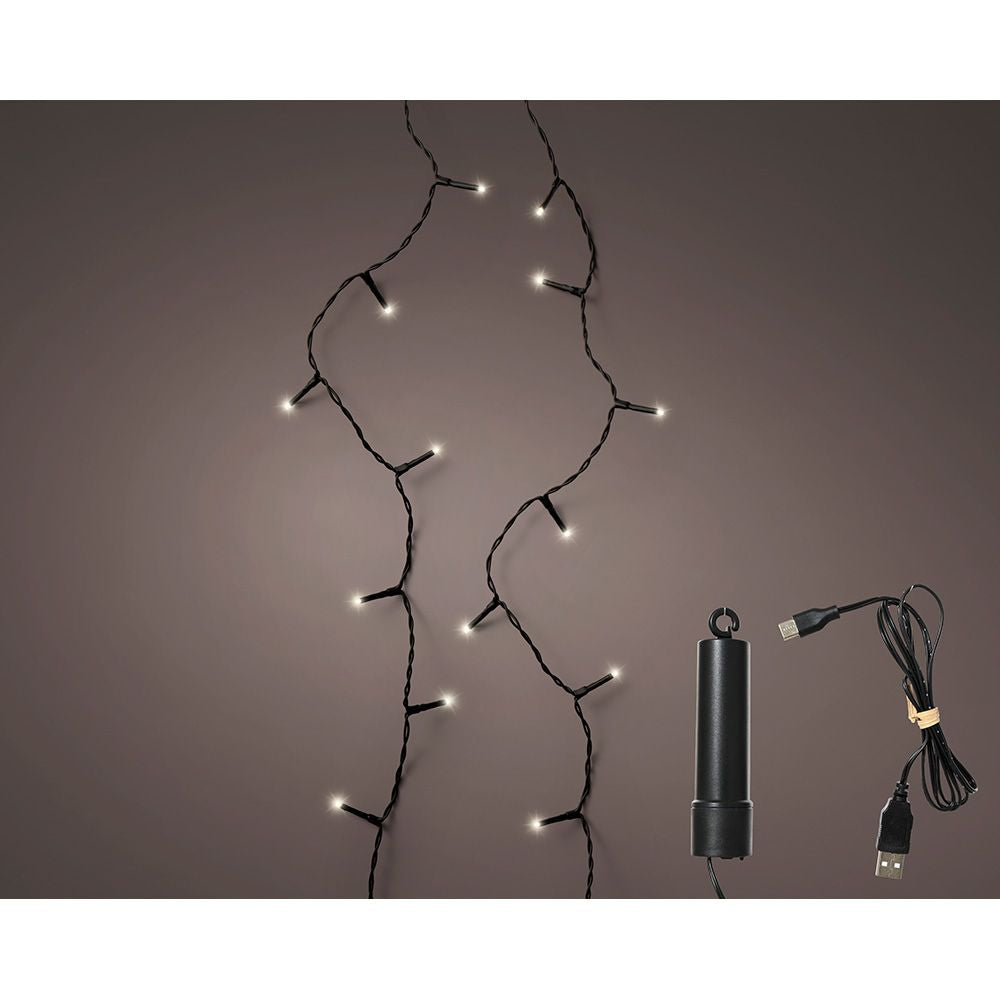 Guirnalda multifunción, uso exterior, recargable, luz cálida, cable negro, 100 leds, 7,4 m