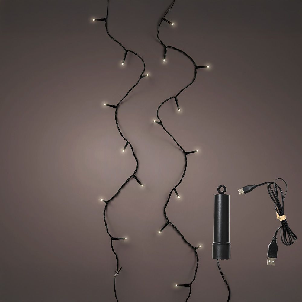 Guirnalda multifunción, uso exterior, recargable, blanco cálido, cable negro, 100 leds, 7,4 m