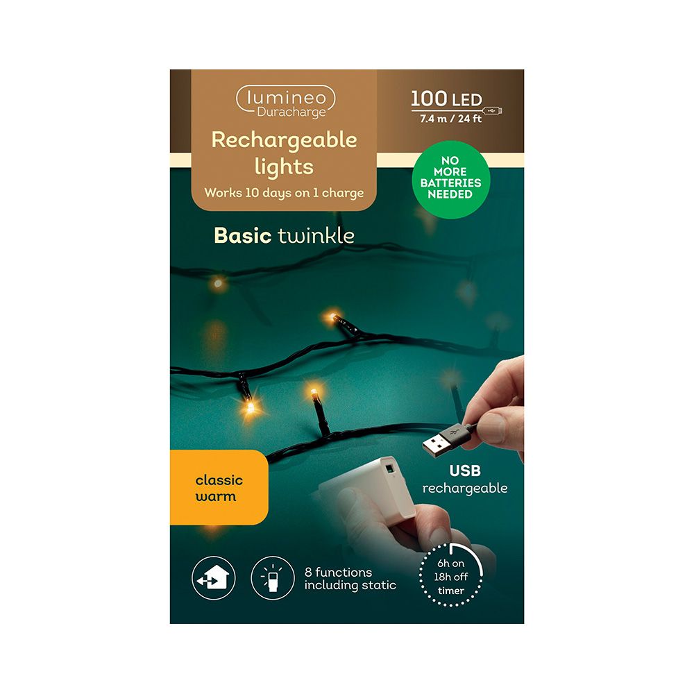 Guirnalda multifunción, uso exterior, recargable, blanco cálido, cable negro, 100 leds, 7,4 m