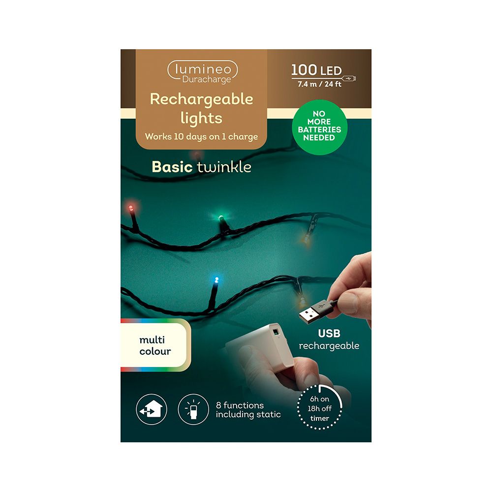 Guirnalda multifunción, uso exterior, recargable, multicolor, cable negro, 100 leds, 7,4 m