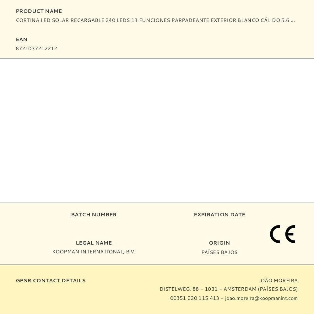 Cortina solar recargable, 240 leds, multifunción, luz cálida, exterior, 8 m