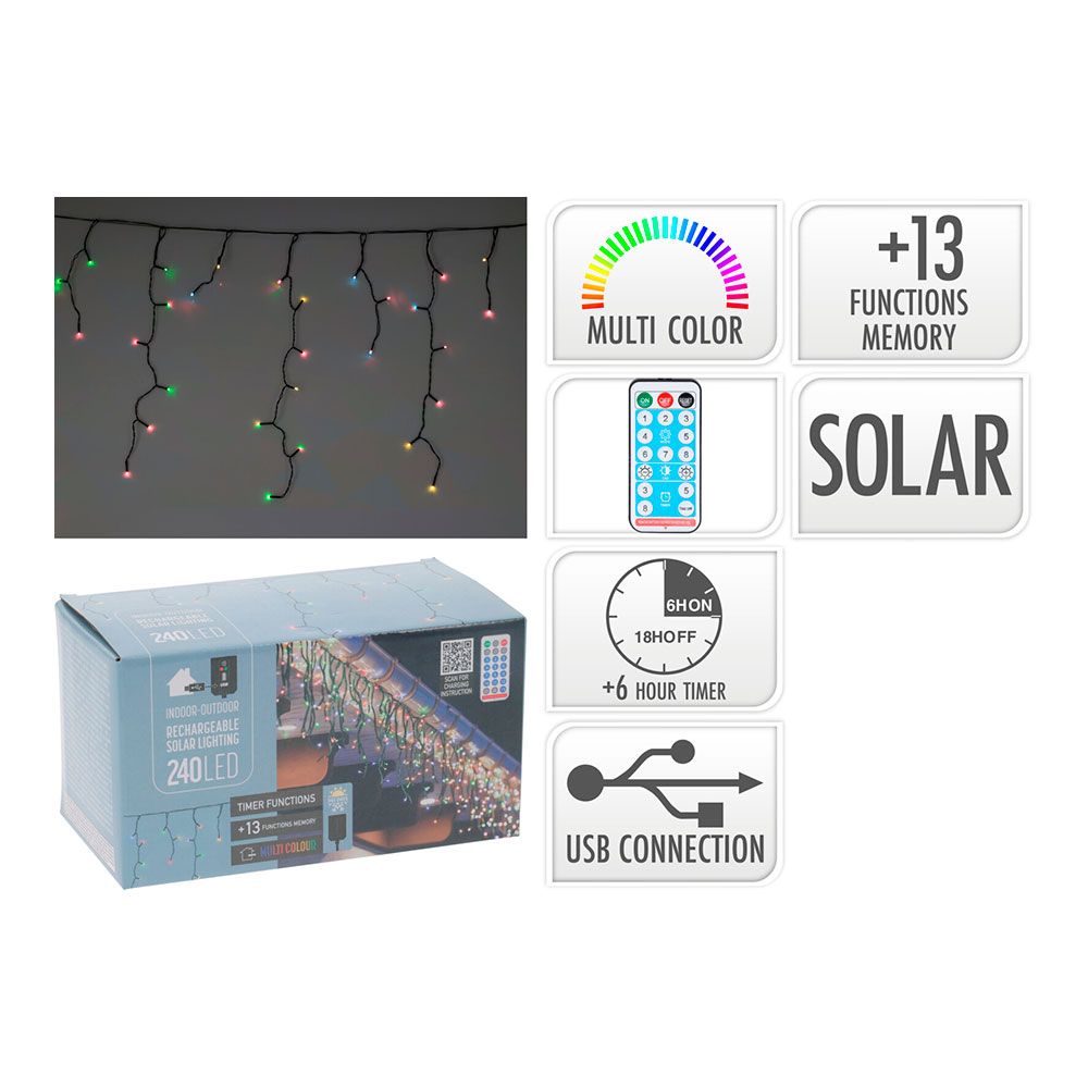 Guirnalda solar recargable, 240 leds, multifunción, multicolor, exterior, 8 m