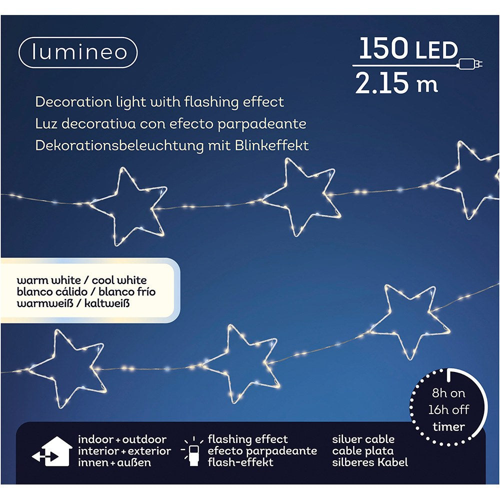 Guirnalda led exterior con estrellas, luz cálida, parpadeante, 150 leds, cable plateado, 2,15 m