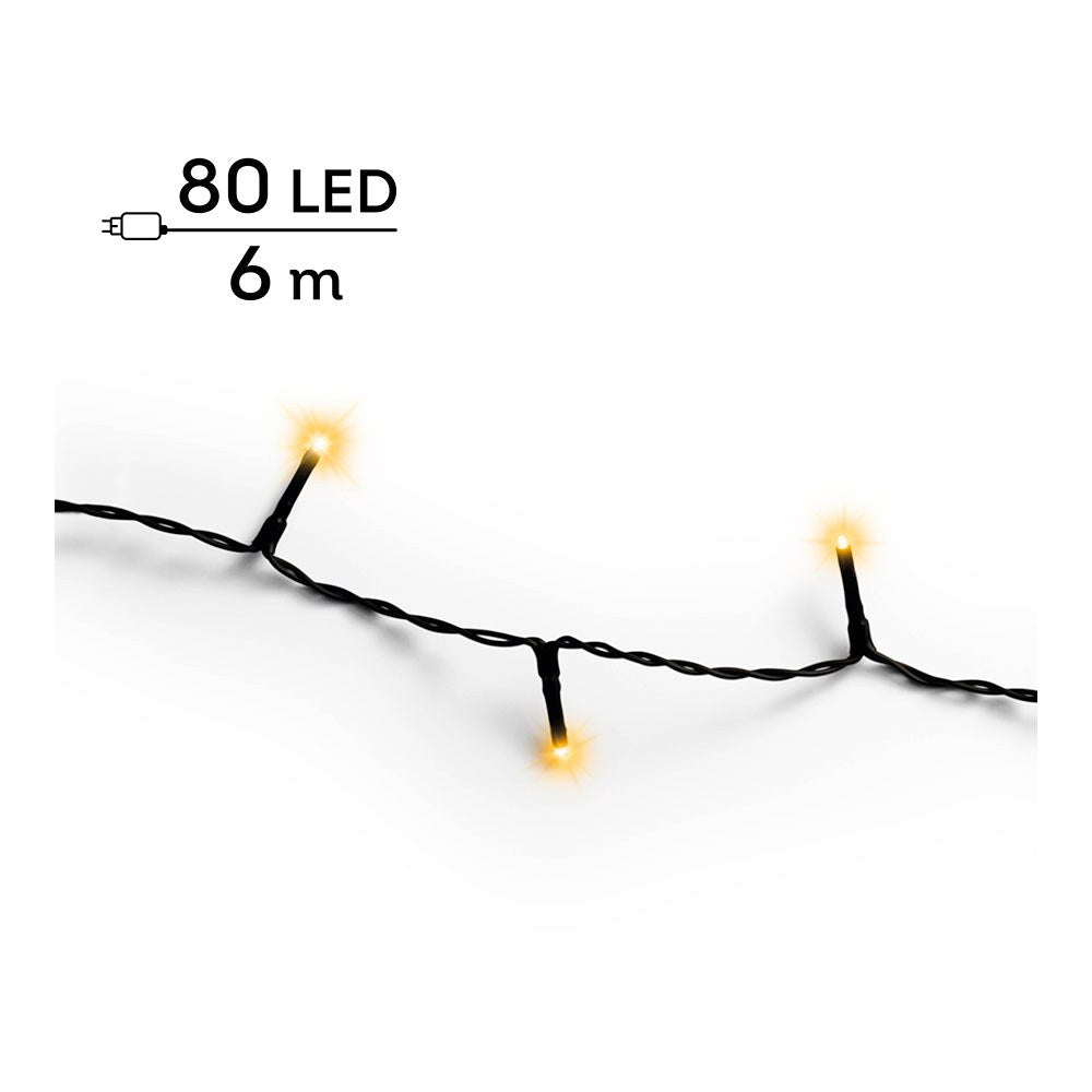 Guirnalda multifunción, uso exterior, basic, cálida clásica, cable negro, 80 leds, 6 m