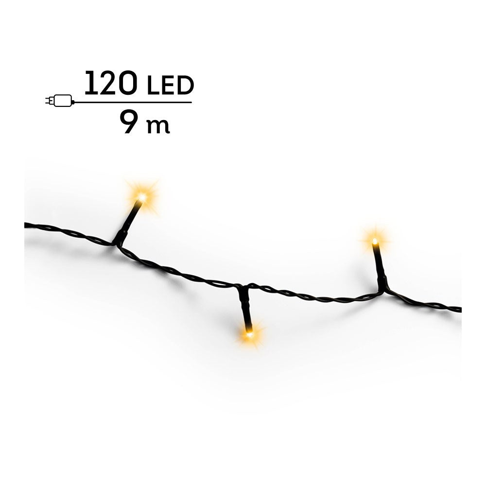 Guirnalda multifunción, uso exterior, basic, cálida clásica, cable negro, 120 leds, 9 m