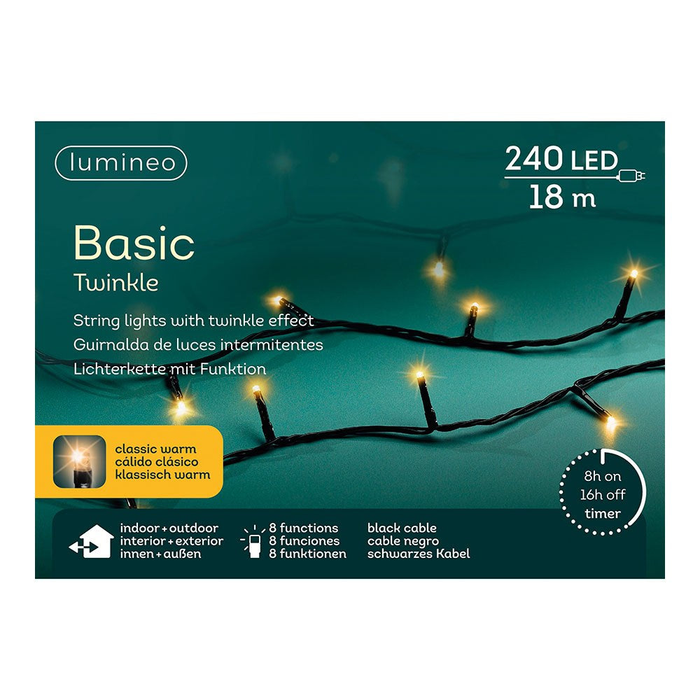 Guirnalda multifunción, uso exterior, basic, cálida clásica, cable negro, 240 leds, 18 m