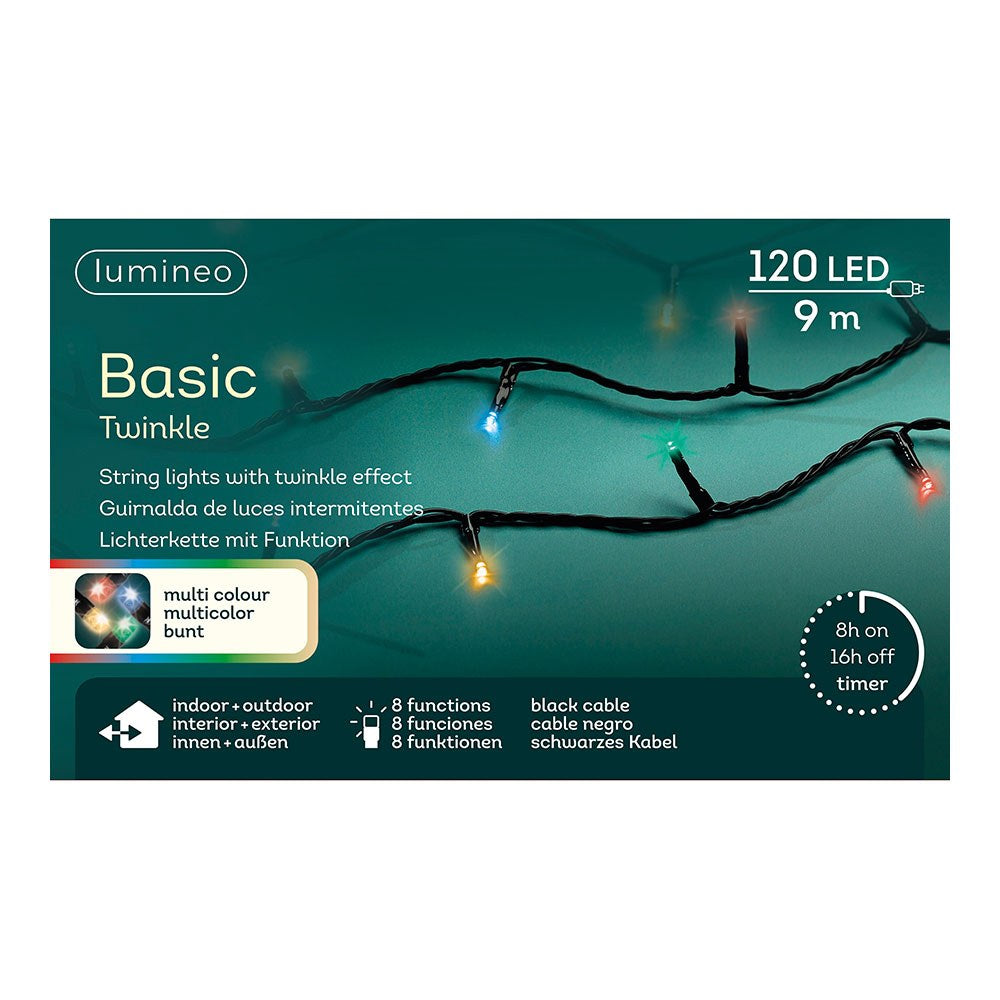 Guirnalda multifunción, uso exterior, basic, multicolor, cable negro, 120 leds, 9 m