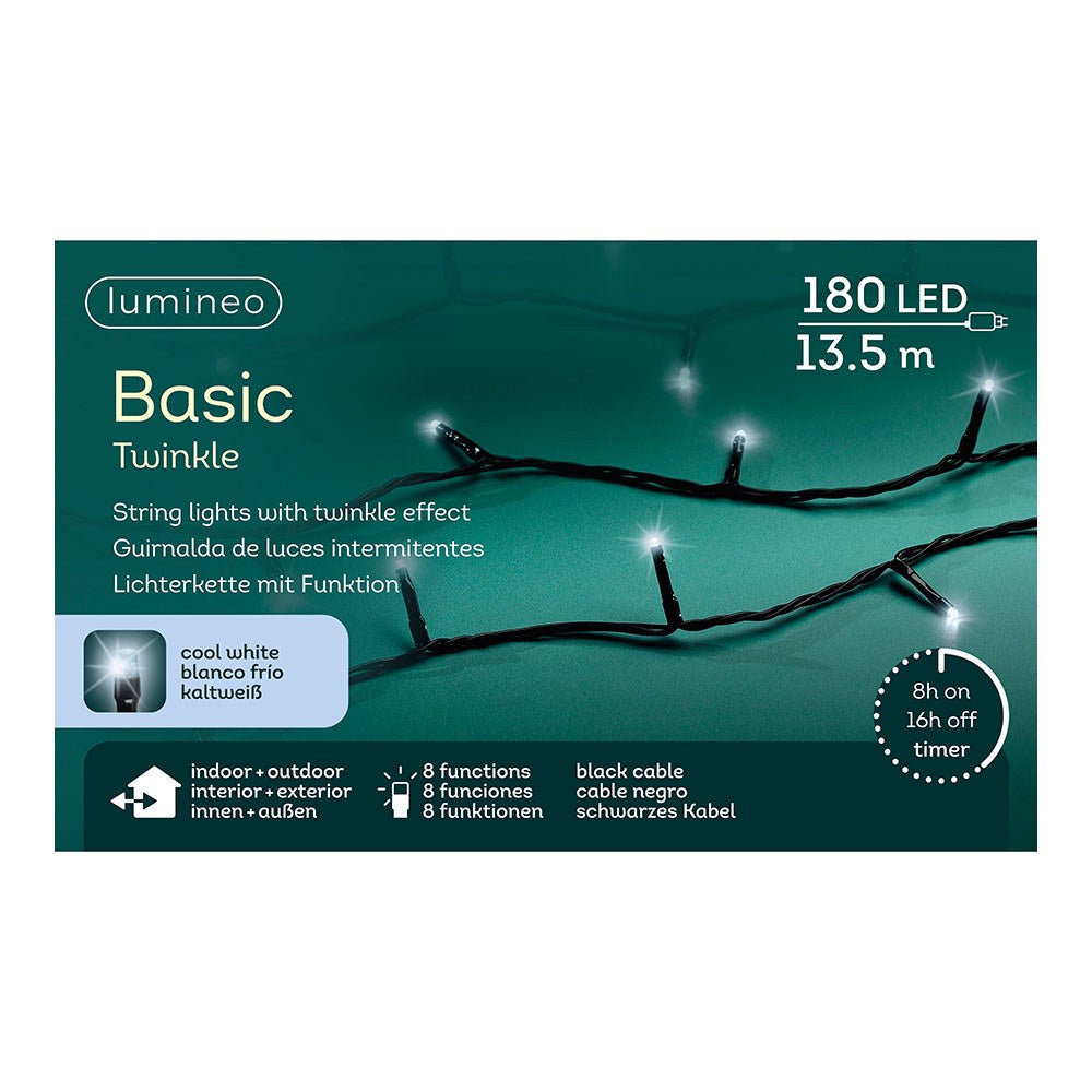 Guirnalda multifunción, uso exterior, basic, blanco frío, cable negro, 180 leds, 13,5 m