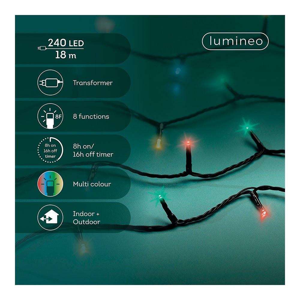 Guirnalda multifunción, uso exterior, basic, multicolor, cable negro, 240 leds, 18 m