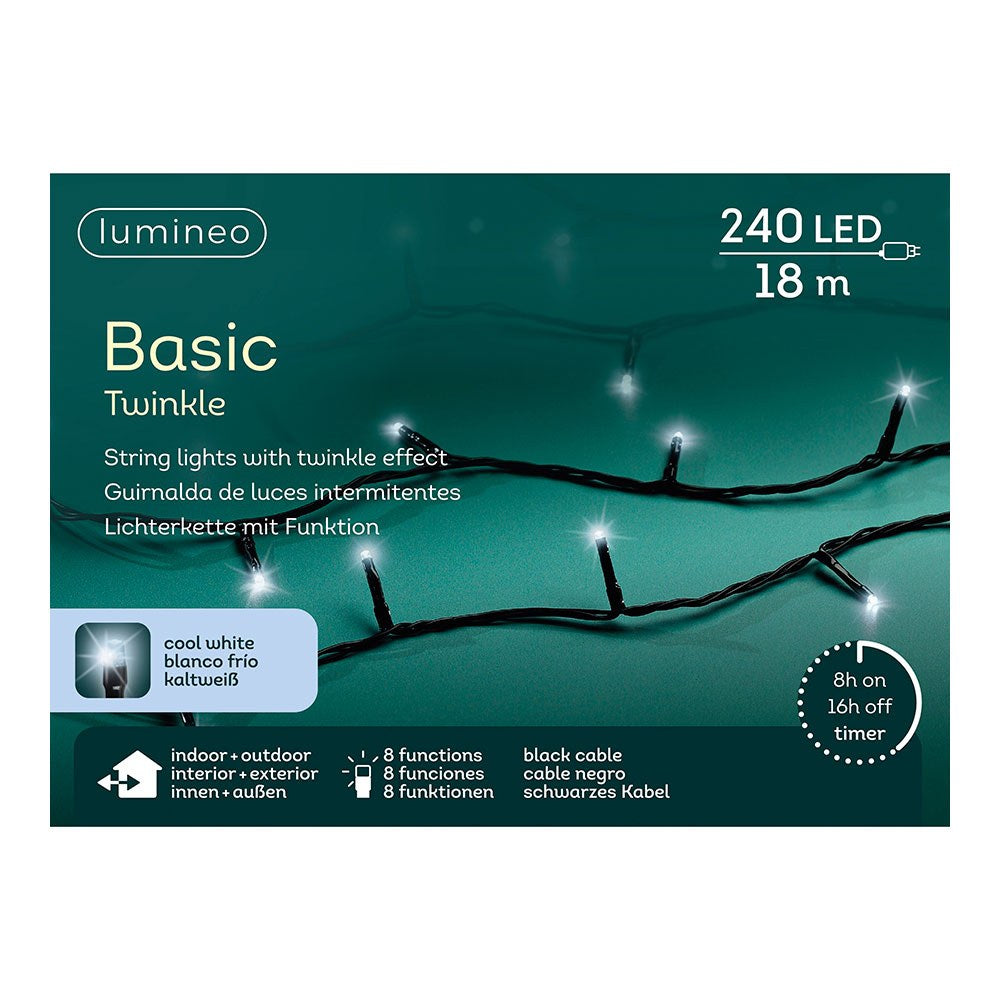 Guirnalda multifunción, uso exterior, basic, blanco frío, cable negro, 240 leds, 18 m