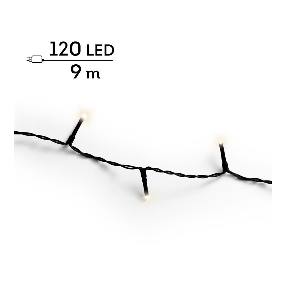 Guirnalda multifunción, uso exterior, basic, blanco cálido, cable negro, 120 leds, 9 m