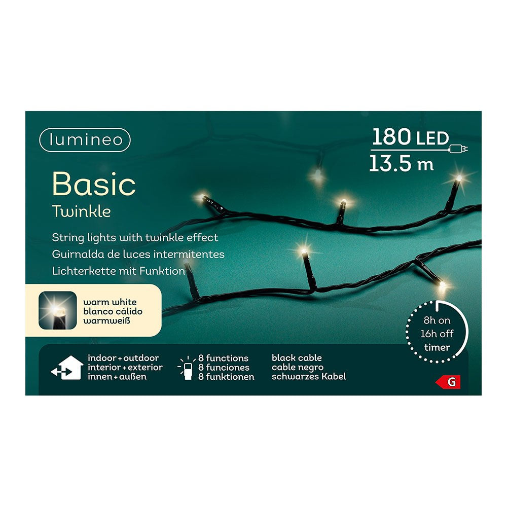 Guirnalda multifunción, uso exterior, basic, blanco cálido, cable negro, 180 leds, 13,5 m