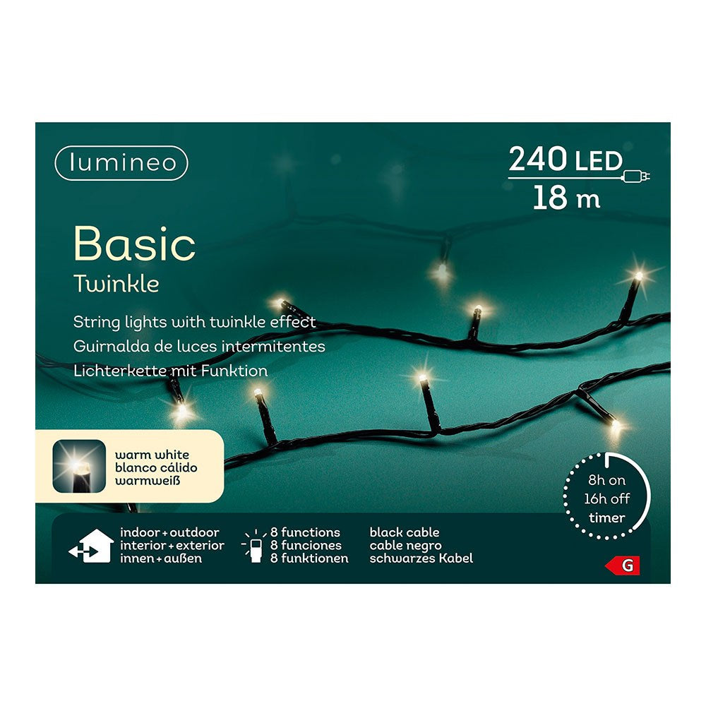 Guirnalda multifunción, uso exterior, basic, blanco cálido, cable negro, 240 leds, 18 m