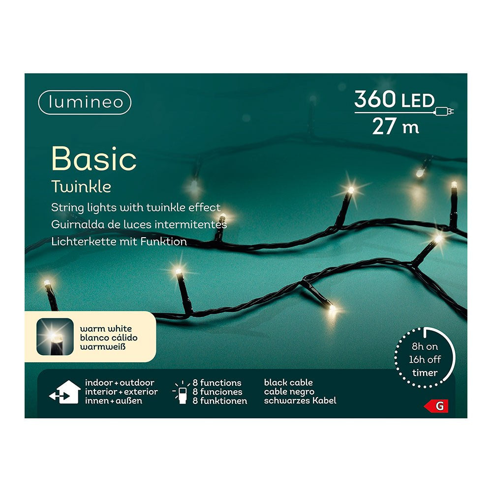 Guirnalda multifunción, uso exterior, basic, blanco cálido, cable negro, 360 leds, 27 m